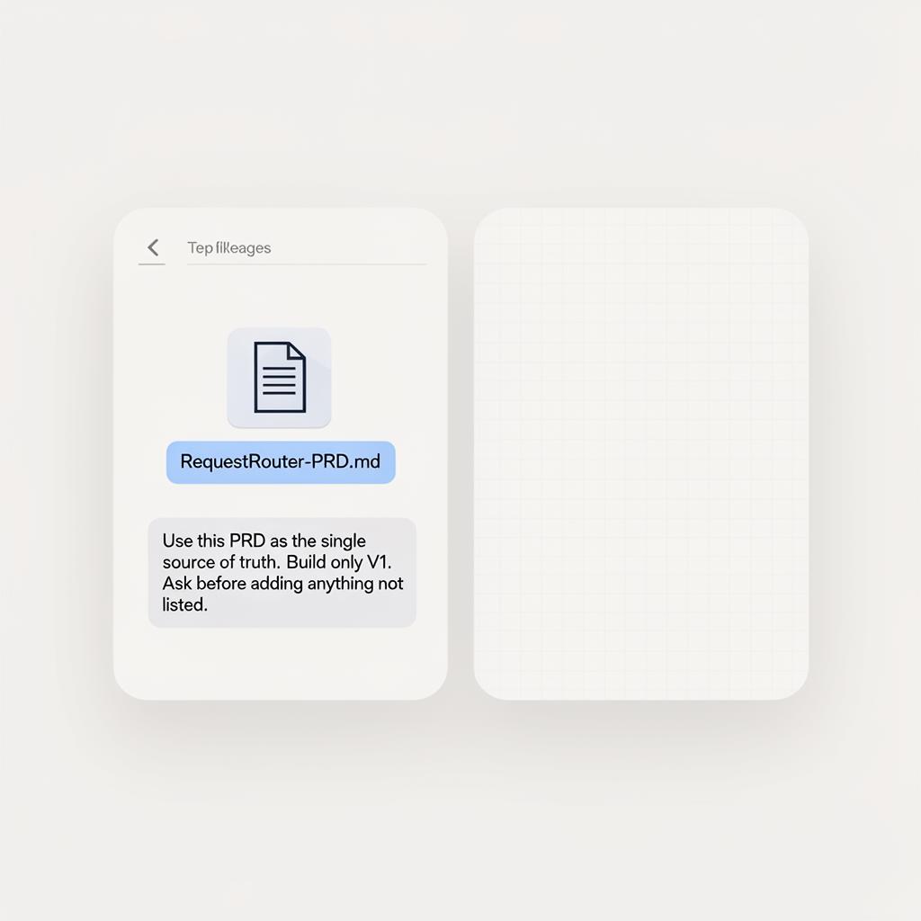 Lovable chat with a PRD markdown file attached and a short instruction message