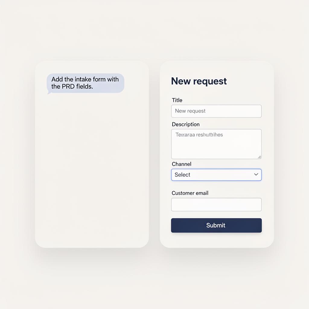 Clean intake form with Title, Description, Channel, and Customer email fields