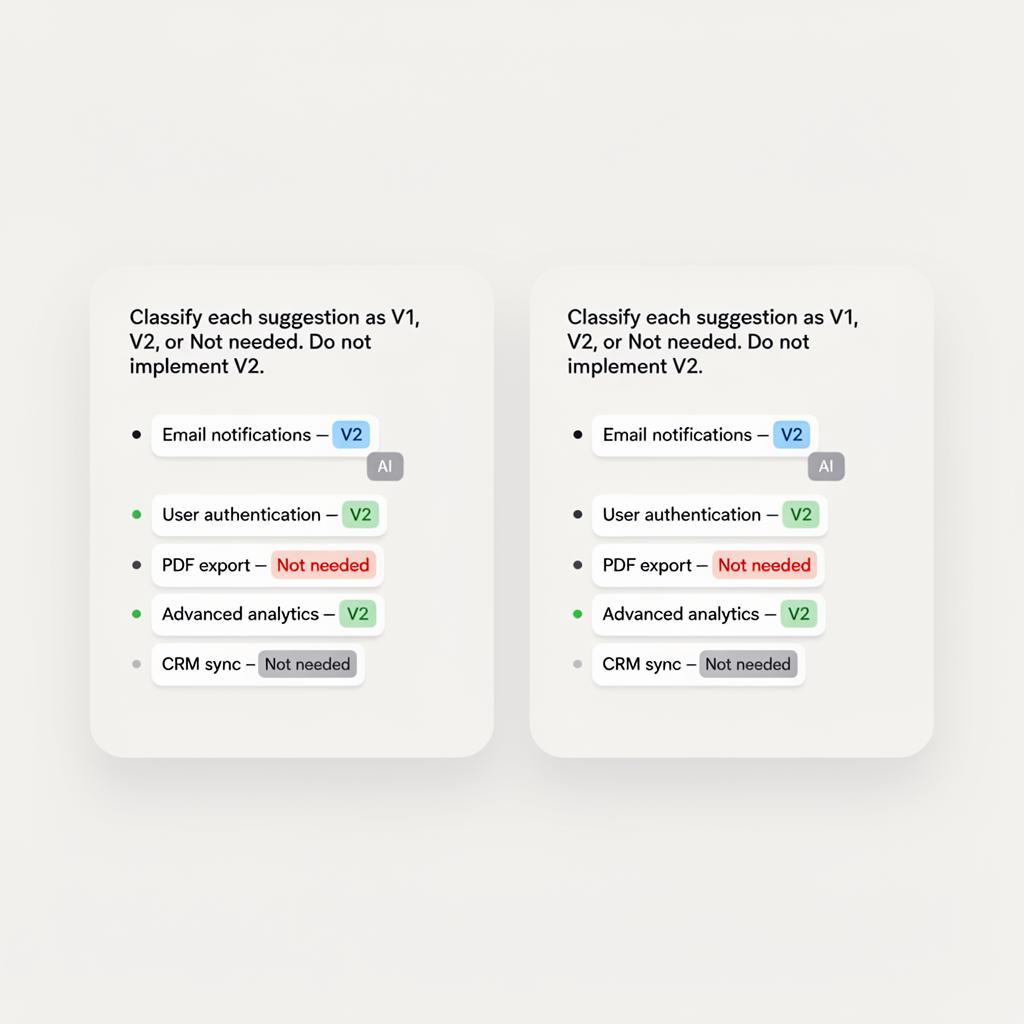 Scope-control reply classifying each suggestion as V1, V2, or Not needed